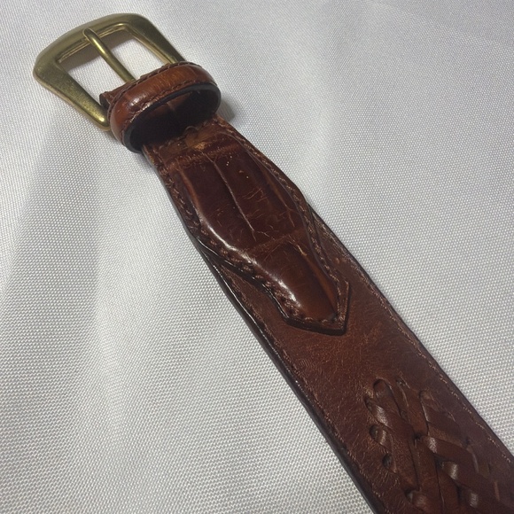 Solid Brass Buckle Woven Brown Leather Belt , size 32 - Picture 4 of 6